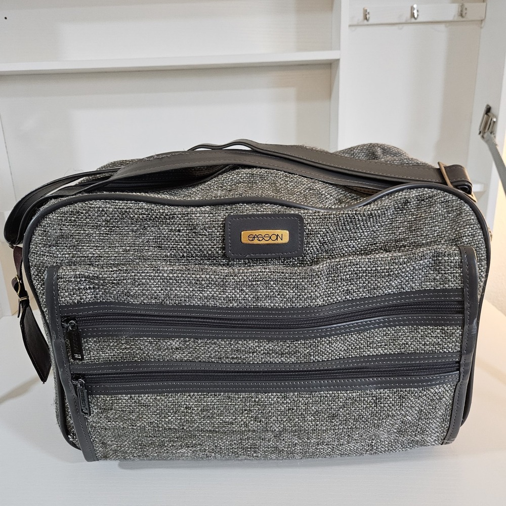 Vintage Sasson Tweed Shoulder Travel Bag Carry-On Duffle - Grey / Brown